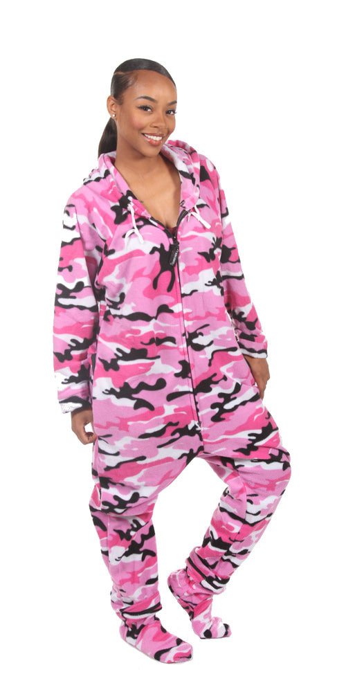 Pink Camouflage Fleece Onesie Pajama for Women, Footless: Big Feet Onesies  & Footed Pajamas